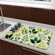Leaf Printed Heat Insulation Cup Mat, Rubber Bottom Absorbent Non-Slip Kitchen Countertop Draining Mat, Quick Dry - Mustard Yellow - View 4