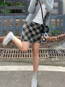 High Waist Plaid Skirt, Casual Summer Holiday Black - Black - View 4