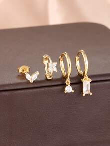 4 pièces Boucles d'oreilles à anneaux pendentifs fleur, feuille et goutte d'eau en zircone, plaqué or 18 carats, pour piercing de cartilage, bijoux pour femmes - 4 pièces - or - blanc - Voir 1