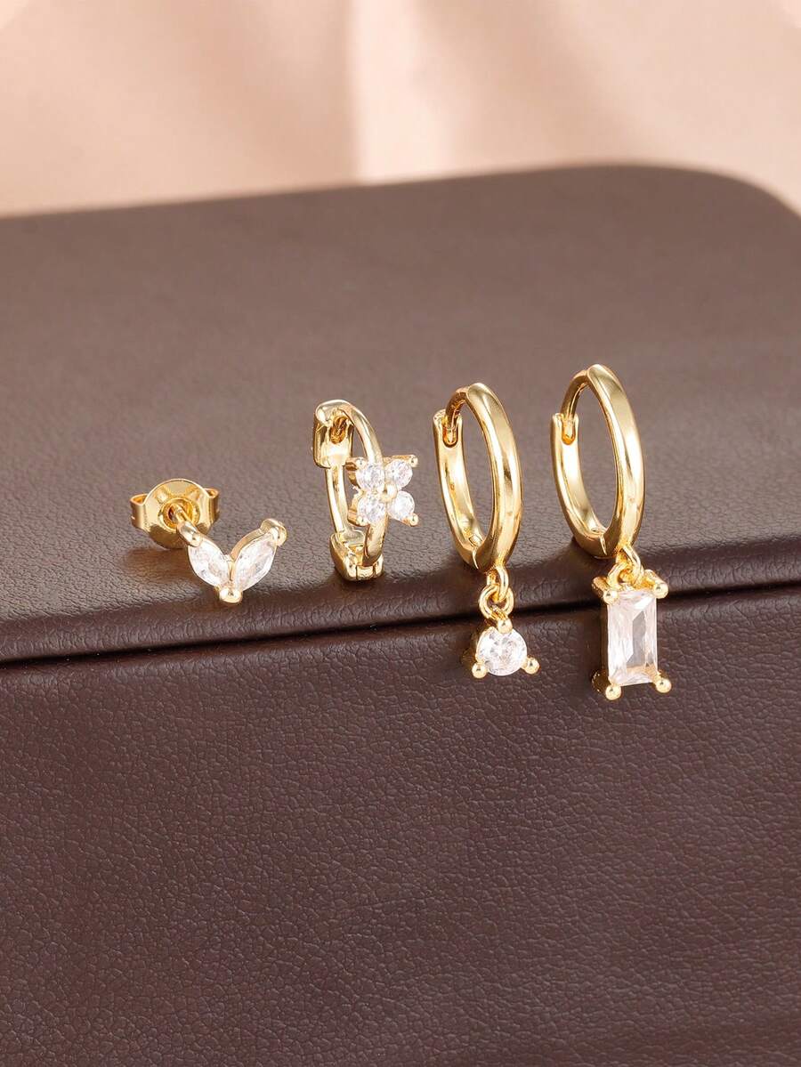 4 pièces Boucles d'oreilles à anneaux pendentifs fleur, feuille et goutte d'eau en zircone, plaqué or 18 carats, pour piercing de cartilage, bijoux pour femmes - 4 pièces - or - blanc - Voir 1