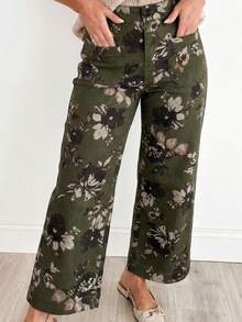Vintage Floral Print Square Patch Pocket High Waist Wide-Leg Jeans - Green - View 1