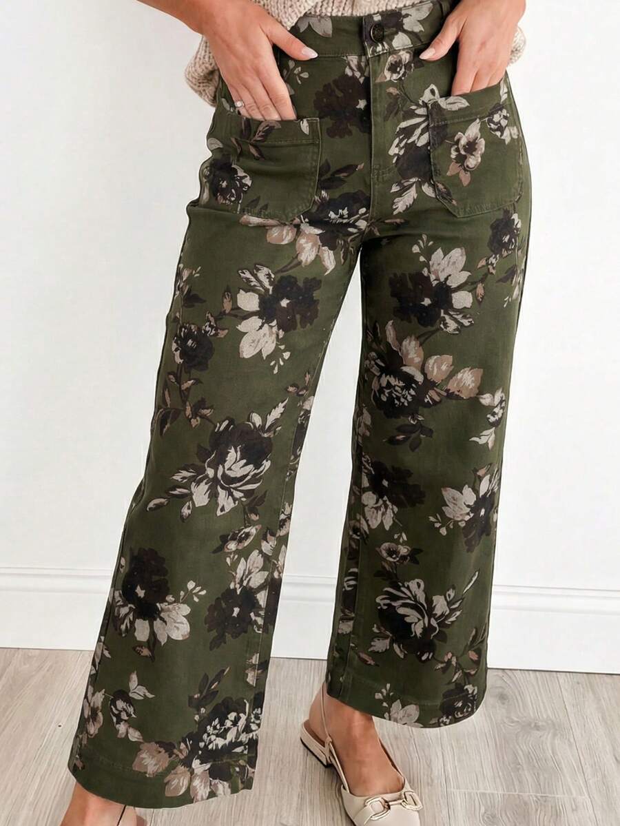 Vintage Floral Print Square Patch Pocket High Waist Wide-Leg Jeans - Green - View 1