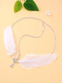 1pc Feather Decor Rhinestone Inlaid Hair Chain, Suitable For Women's Evening Party, Party Outfit Accessory, Stage Performance Head Chain - Silver - View 4