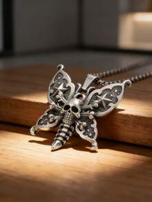 1pc Vintage Gothic Pentagram Skull Butterfly Pendant Necklace, Punk Motorcycle Riding Jewelry Gift For Men & Women - Fashion - View 5