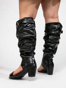 Giày bốt cao cổ giả da dáng rộng dành cho nữ, cổ bốt nhăn, gót dày, bốt cao đến đầu gối màu đen gợi cảm, bốt cao gót dáng rộng cho nữ. - Tối màu, thô ráp, nhăn nheo - Xem 2