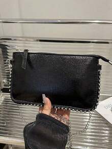 Cracked Leather Envelope Bag, New Fashion Charisma Lady's Shoulder Bag, Beaded Popular-Body Clutch, Elegant Faux Pearl Bag - 黑色 - 查看 2