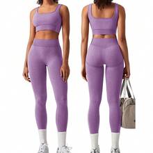 OLCHEE Womens Workout Sets 2 Piece Seamless Square Neck Sports Bra Padded Butt Lifting Leggings High Waist Yoga Gym Outfits - 紫色 - 查看 1