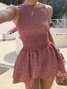Vestido corto de ajuste ceñido sin mangas con estampado de cuadros azules y cinturón, estilo francés dulce para vacaciones de verano - Burdeos - Ver 1