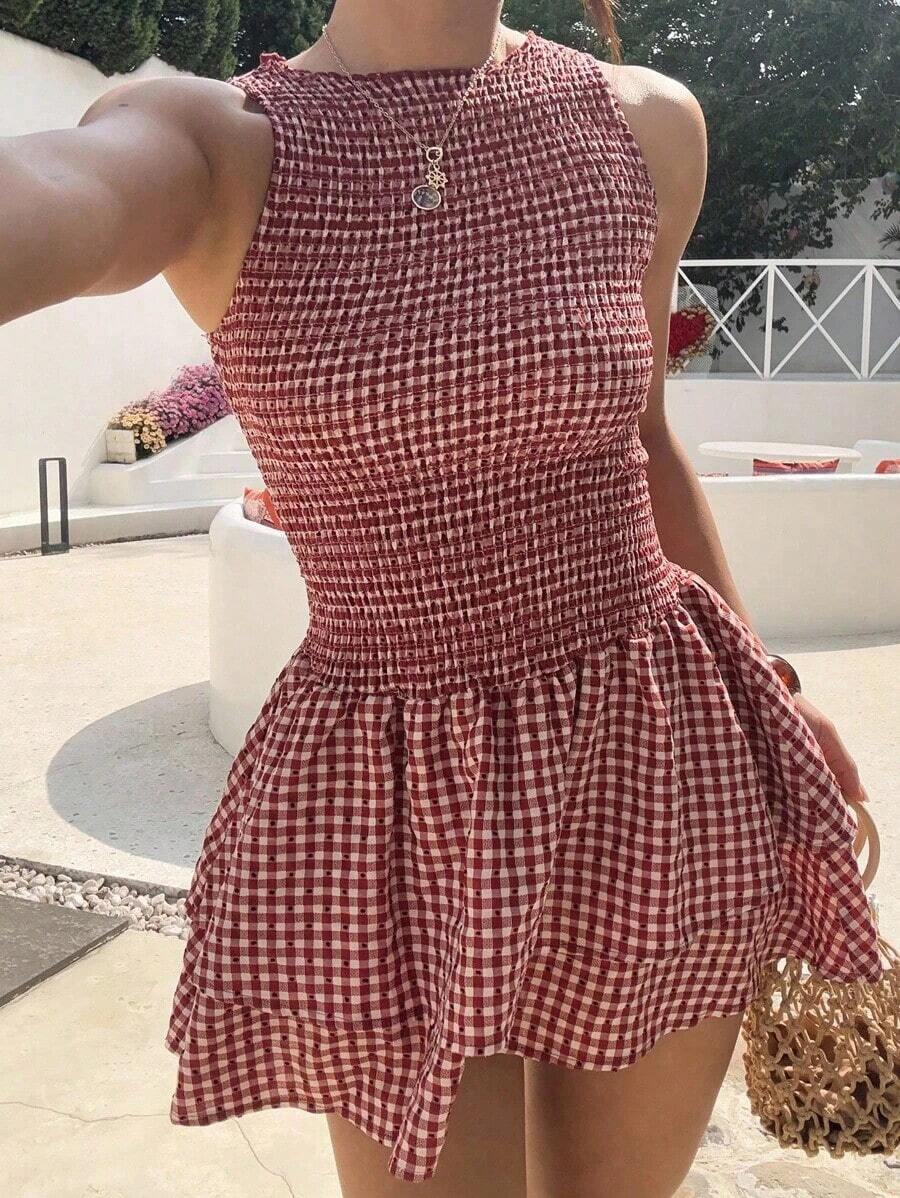 Vestido corto de ajuste ceñido sin mangas con estampado de cuadros azules y cinturón, estilo francés dulce para vacaciones de verano - Burdeos - Ver 1