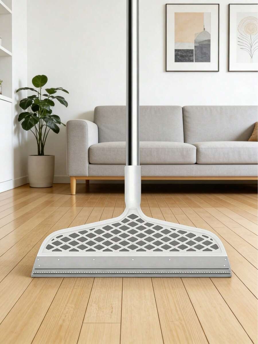 Chổi thần kỳ với đầu chổi silicon hai mặt xoay 360°, thích hợp cho phòng tắm, nhà bếp, phòng khách, sàn cứng và thảm, tay cầm bằng nhựa dễ cất giữ.