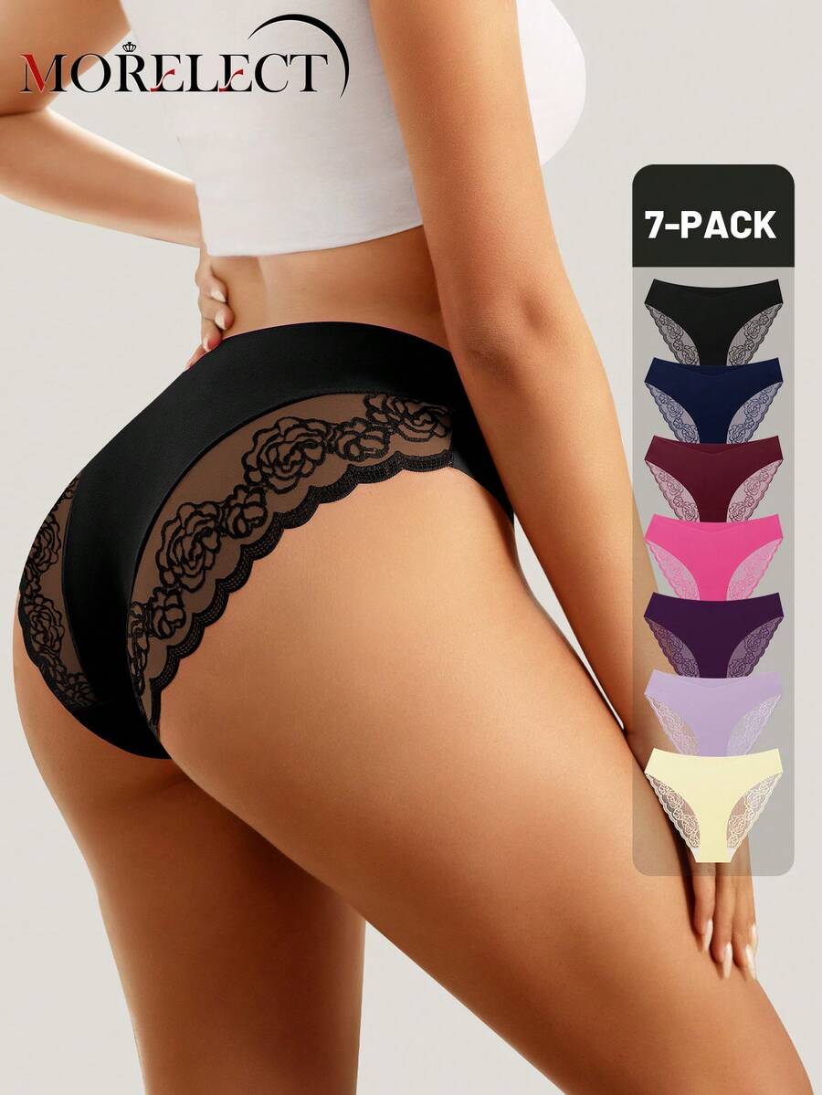 7pcs/Pack Women's Low Waist Lace Trim Sexy Briefs - Multicolor - View 1