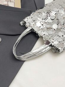 1 chiếc túi cầm tay PVC đính sequin chần bông, túi xách đính sequin, túi đeo vai, ví đựng tiền xu và điện thoại đính sequin lấp lánh thời trang, túi dự tiệc cho nữ, túi đeo vai dây xích mới, túi đeo vai thời trang đính sequin lấp lánh, thích hợp cho phụ nữ tham dự tiệc chiêu đãi và các buổi liên hoan. - Bạc - Xem 6