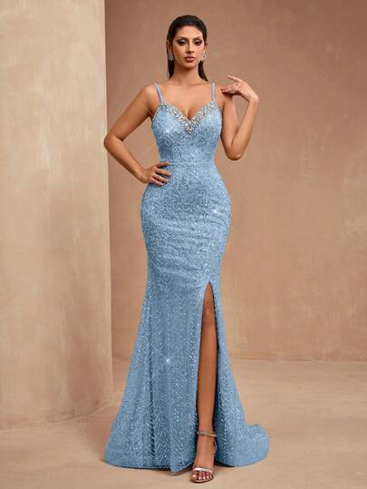 AMILUCK 奢华女士优雅亮片蕾丝吊带串珠美人鱼长裙，裙摆开衩，适合正式晚宴、盛大派对、红毯活动、婚礼、鸡尾酒会等场合。