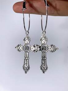 Pendientes de aro con cruz, estilo gótico punk, minimalistas y personalizados, aros extra grandes - Plateado - Ver 3