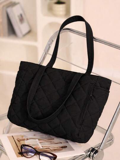 1 pieza Bolso de tote acolchado de gran capacidad para mujeres, adolescentes y estudiantes, bolso de hombro ligero y suave de tela, con bolsillo externo, cabe laptop, libros, botella de agua y artículos esenciales diarios, tote de unicolor casual, bolso para volver a la escuela, campus universitario, oficina, trabajo, compras diarias y viajes