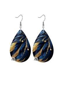 1 par de pendientes colgantes de cuero PU con estampado de plumas azul y dorado, elegantes y de gota de agua, livianos, joyas de moda de lujo para fiestas y uso diario, regalos de moda para el Día de la Madre, Navidad y cumpleaños - Multicolor - Ver 5