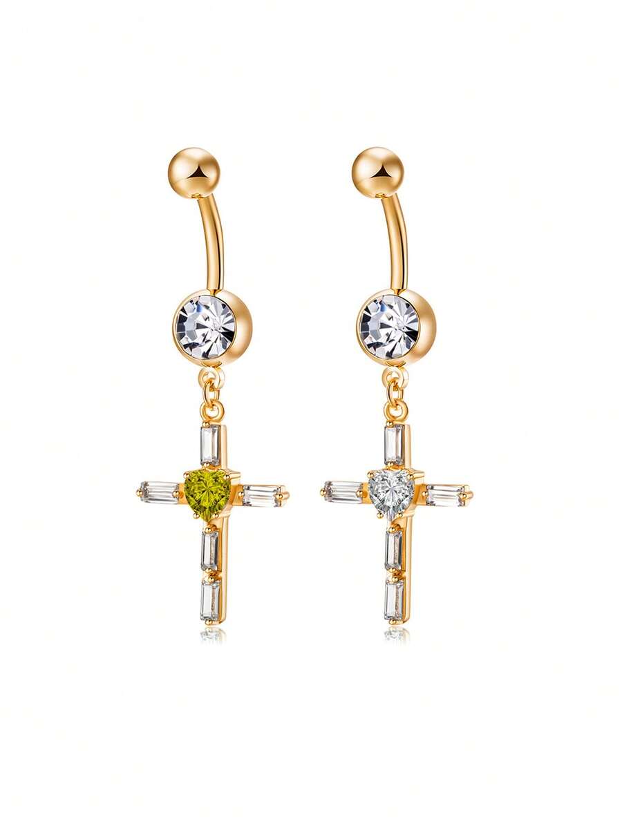 1件铜锆石十字吊坠肚脐环，不锈钢穿刺饰品，适合日常佩戴 - 十字架 - 查看 1