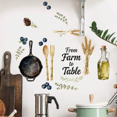 1 miếng dán tường có thể tháo rời với hình dao, nĩa, dụng cụ nấu ăn, quả việt quất, lá cây và bông lúa mì để trang trí nhà bếp, phòng ăn, phòng ngủ.