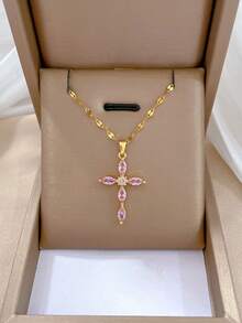 Mặt dây chuyền hình thánh giá bằng đồng đính đá Zirconia ba màu tối giản thanh lịch, dây chuyền thép không gỉ mạ vàng thời trang, quà tặng kỷ niệm. - Hồng - Xem 1