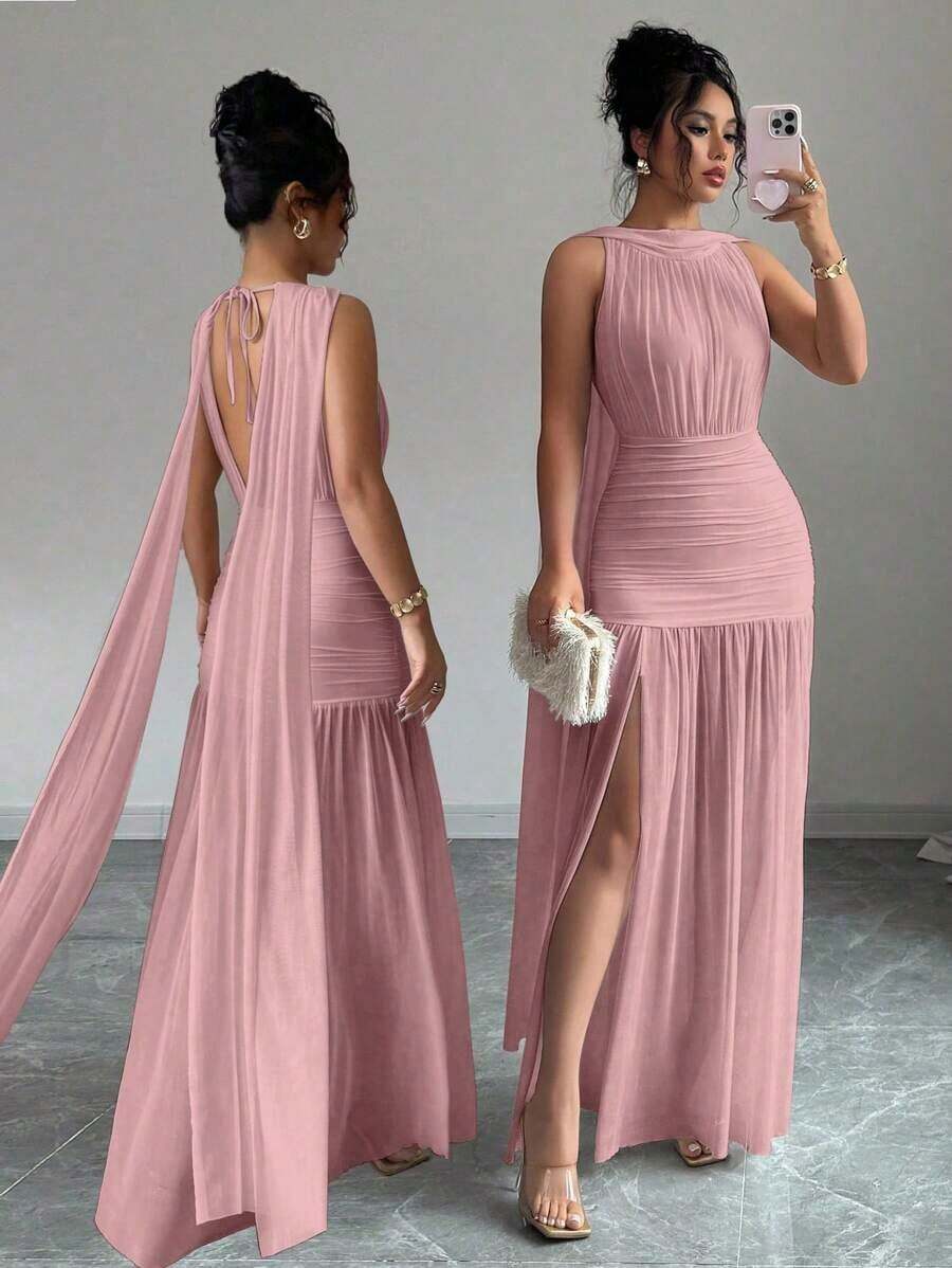 Women's Elegant Solid Color Backless Pleated Slit Dress, Summer - Pink - View 1
