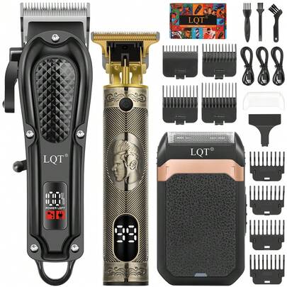  LQT 专业男士理发器和电动剃须刀套装，三件套/单件可选，USB 可充电无线理发工具，带 LED 显示屏，锂电池，迷你型，适合初学者理发师和家庭使用，节日送礼佳品