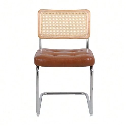 Medieval Modern Dining Chairs, A Set Of 2 Rattan Dining Chairs With Soft Upholstered Faux Leather Elements, Armless Mesh Backrest Rattan Chairs, Metal Legs - Brown - View 1