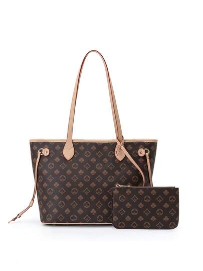 Women's Tote Bag With Pouch Set - Large Capacity Vintage Brown Monogram Print Shoulder Bag, PU Leather Casual Daily Commute Travel Work Bag For Women.