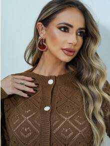 Cardigan Feminino Manga Longa Em Blusa Tricot Com Botoes Casaco Elegante Para Inverno E Uso Diario Blusa Feminina Cardigam Fino - Laranja Queimado - Visão 3