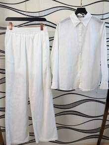 Women's Set Consisting Of A Long-Sleeved Shirt And Lined Linen Trousers. - 白色 - 查看 1