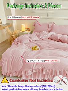 Pink Cream Ruffled Soft Brushed Duvet Cover 3 Pieces Set (1*Duvet Cover + 2*Pillow Shams), Suitable For Bedroom & Guest Room, All Season, Machine Washable - Pink - View 2