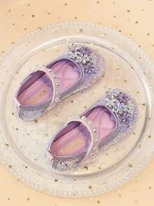 Girls' Silver Glitter Snowflake Rhinestone Mary Jane Flat Shoes, Non-Slip Princess Formal Summer Children's Shoes - Mauve Purple - View 7