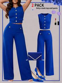 女士无袖纽扣西装外套搭配直筒休闲裤夏季套装 - 藍色 - 查看 2