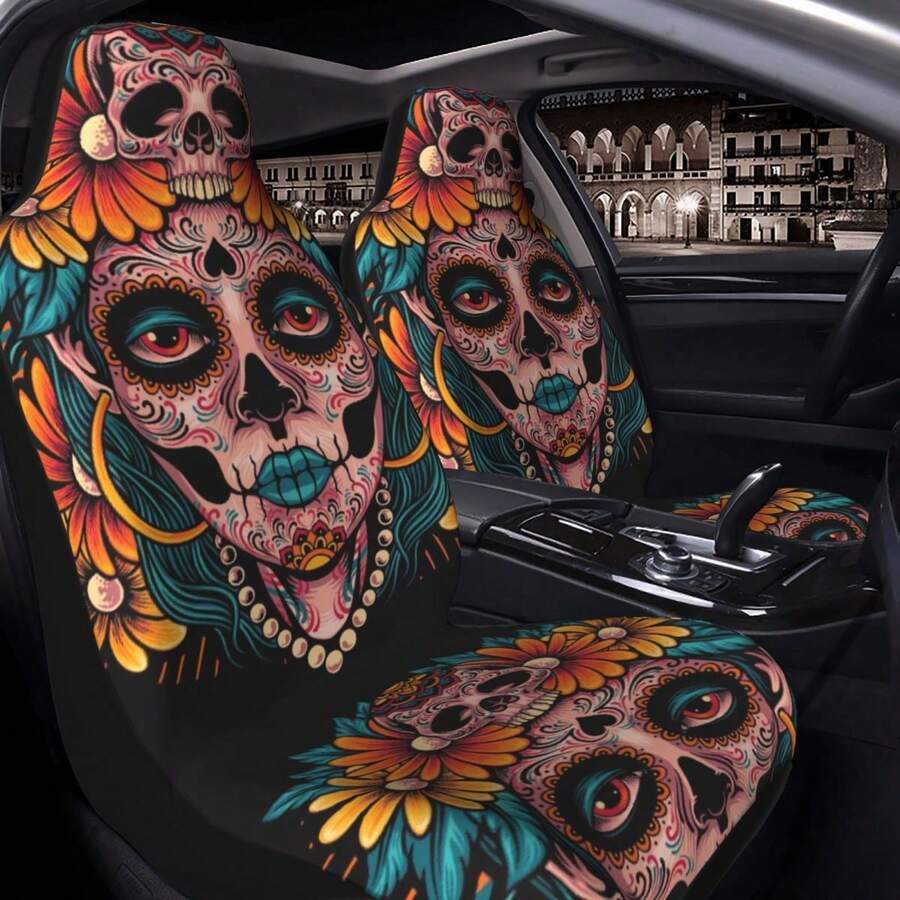 1 cái bọc ghế ô tô đa năng in hình đầu lâu phong cách retro thời trang dành cho nữ. - Đầu lâu đẹp - Xem 1