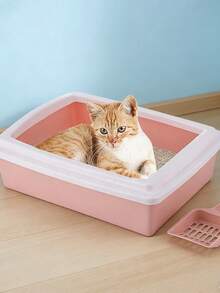 Rectangular Semi-Enclosed Splash-Proof Cat Litter Box With Scoop, Suitable For Cats And Kittens. Self-Cleaning Plastic Cat Litter Box, Compact Litter Box Fits Small Corners. Easy To Clean, Portable, Reusable. Ideal For Everyday Indoor Use. - One Open-top Square Litter Box (with Litter Scoop) - View 7