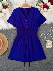 Bộ áo liền quần cổ chữ V cài cúc dành cho nữ, kiểu dáng thanh lịch mùa hè. - Xanh đậm - Xem 4