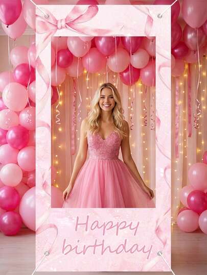 1 pieza Marco de foto decorativo con lazo rosa en 2D, marco de foto decorativo con lazo rosa para fiesta de cumpleaños, decoración de cumpleaños feliz, decoración del hogar, decoración de habitación, decoración de fondo de fiesta rosa, suministros de fiesta de princesa rosa, banner de fondo para días festivos, decoración del Día de San Valentín, decoración de baby shower de fácil montaje