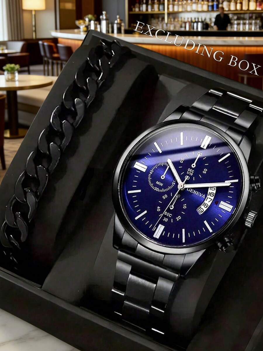Set Jam Tangan Quartz Pria Minimalis 2 Buah/Set, Termasuk Jam Tangan Quartz Pria dengan Tali Baja Hitam Geneva dan Angka Romawi Biru serta Gelang Hitam, Aksesori Jam Tangan Quartz Pria Gaya Tangguh - Hitam - View 1