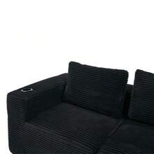 Canapé deux places confortable de 265 cm de large avec trois coussins (coussins en plumes + deux porte-gobelets en plastique), idéal pour les petits salons, appartements et bureaux. - Noir - Voir 6