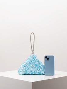 迷你亮片花朵手提包，优雅女士礼品手拿包，适合晚宴、舞会、婚礼及其他场合 - 藍色 - 查看 3