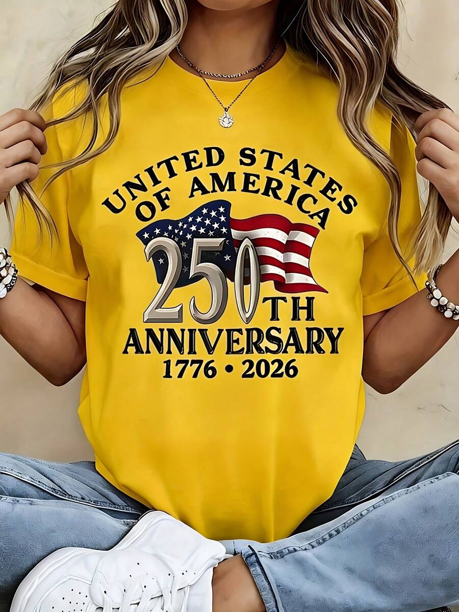 American Independence 250th Anniversary Patriotic Theme Women's T-Shirt - 1776-2026 Independence Day Design, Featuring The American Flag And The Words - 黃色 - 查看 1