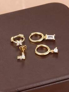 4 pièces Boucles d'oreilles à anneaux pendentifs fleur, feuille et goutte d'eau en zircone, plaqué or 18 carats, pour piercing de cartilage, bijoux pour femmes - 4 pièces - or - blanc - Voir 3