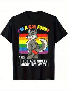 Funny "I'm Gay Furry" Pride Month LGBTQ Rainbow Fox T-Shirt - Classic Fit Soft & Comfortable High-Quality Fabric, Geometric Pattern, Perfect For Casual Sports & Gifts, Men'S Fashion Tee, All-Season Wear, Casual Wear Tee |   Playful Graphic Tee |   Comfortable Fit, T-Shirts, - màu đen - Xem 3