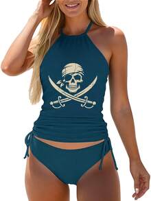 Women'S Tankini Swimwear Featuring A Pirate Skull And Crossbones Design, Perfect For Halloween And Rave Parties. This Elegant Bathing Suit Is Ideal For Beach Outings, Pool Gatherings, And Water, Showcasing A Cute Style, Durable Fabric - Lake Blue - 查看 3