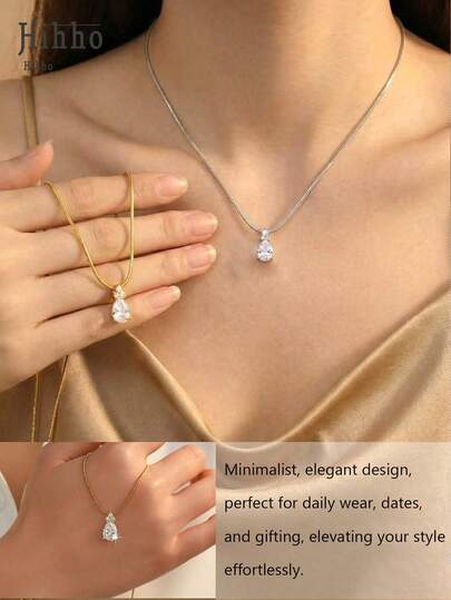Hihho 1条奢华水滴形锆石蛇骨链项链，银色/金色可选，简约设计，尽显高端质感，适合女性办公及约会等各种场合。