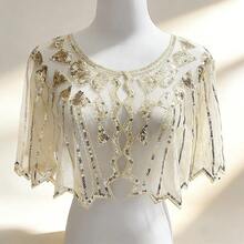1 pezzo Elegante scialle vintage anni '20 con paillettes, mantella con bordo in pizzo ricamato, giacca corta formale con paillettes e perline, gilet stile casual, mantella luccicante da discoteca, accessorio da donna traspirante per feste e occasioni formali con apertura frontale - Multicolore - Visualizzare 4