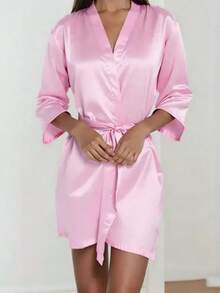 1pc Women's Solid Color Elegant Tie-Front Robe, Sexy Short Satin Silk Soft Sleepwear, Suitable For Brides, Bridesmaids, Home Wear. Wedding Season Short Dress, Letter Pattern, Kimono And Nightgown. - Bright Pink - View 2