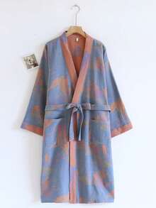 1pc Unisex 100% Cotton Kimono Collar Bathrobe, Loungewear, Sleepwear, Suitable For Home, Pool, Beach, All Seasons - Multicolor - View 11