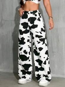 Women's Cow Print Flared Leg Jeans Casual Vacation Spring - Black and White - View 2