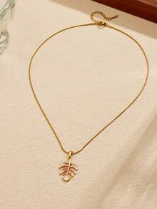 1 chiếc mặt dây chuyền hình lá màu tím gradient thời trang và giản dị, làm bằng thép không gỉ mạ vàng. - Vàng - Xem 3