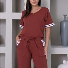 Women's Striped Set - Pants And Top In Lightweight Fleece With White Details - Comfortable Style - Terracotta - View 2